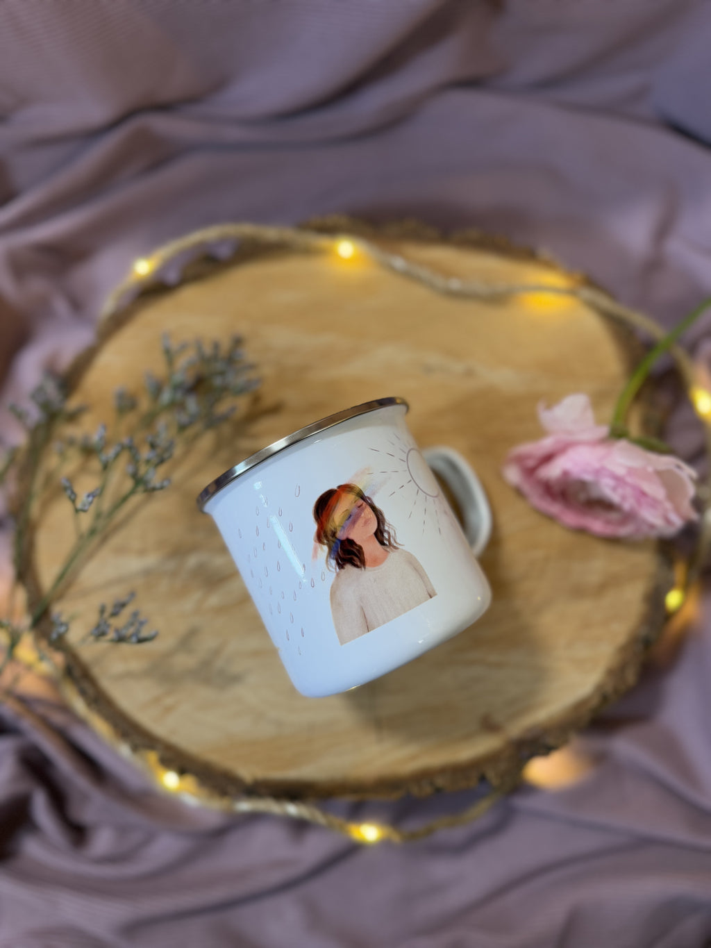 Emailletasse „und gleichzeitig“ | Weil dort, wo sich Sonne und Regen treffen, etwas Wunderschönes entstehen kann…