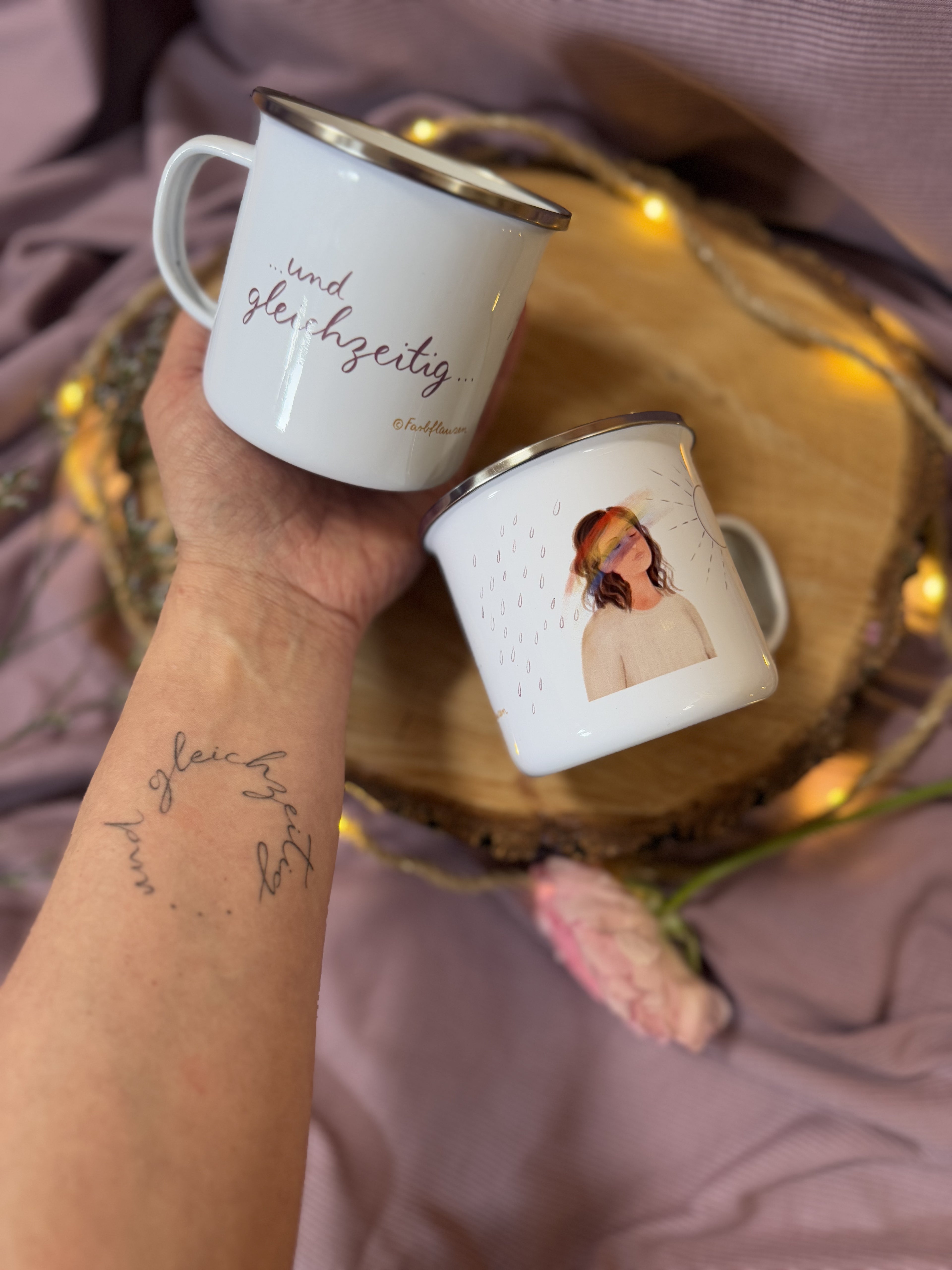 Emailletasse „und gleichzeitig“ | Weil dort, wo sich Sonne und Regen treffen, etwas Wunderschönes entstehen kann…