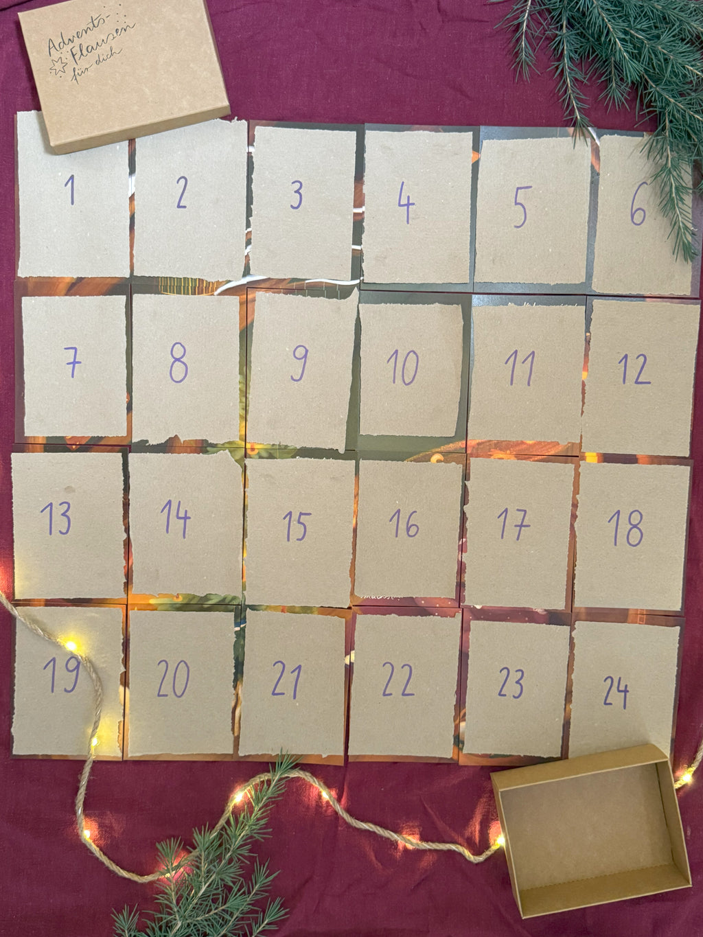 Adventskalender „Adventsflausen für dich“ | Eine zauberhafte Box mit 24 stärkenden Motiven und Sätzen, die gemeinsam ein großes Bild ergeben