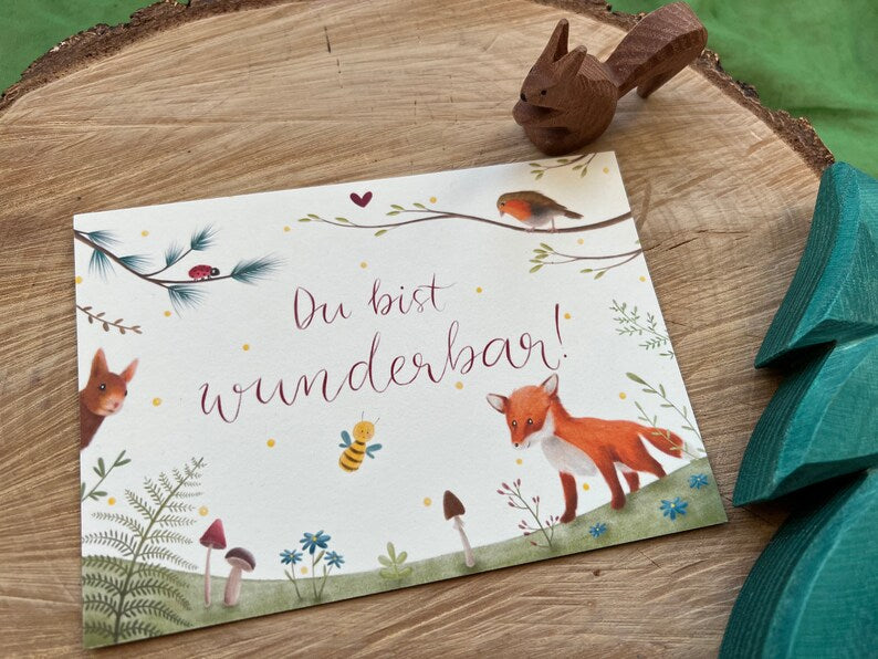 Postkarte "Du bist wunderbar!" | Illustrierte Postkarte mit Wald- und Wiesenmotiven&Lettering. Fuchs Geburtstag Geschenk Freundschaft Kinderzimmer Deko