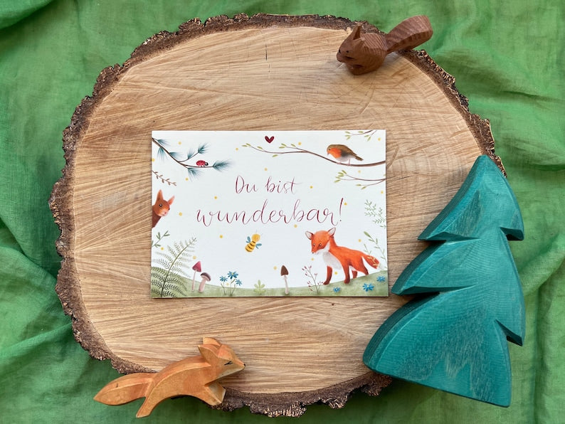 Postkarte "Du bist wunderbar!" | Illustrierte Postkarte mit Wald- und Wiesenmotiven&Lettering. Fuchs Geburtstag Geschenk Freundschaft Kinderzimmer Deko