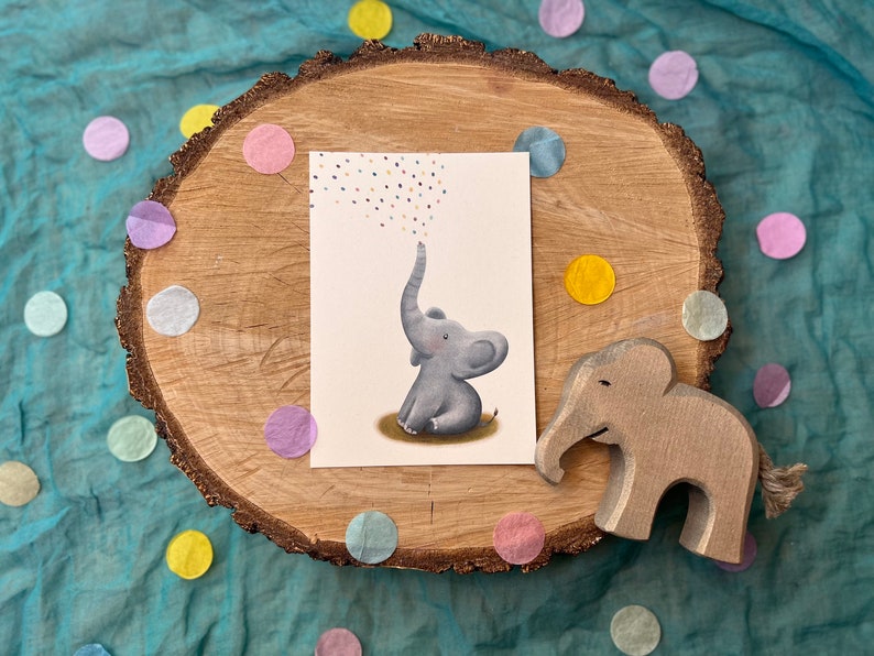 Postkarte Elefantenkonfettiregen | Geschenk Kinder Erwachsene Babys Geburtstag Glückwünsche Party Junge Mädchen Tiere Fest Elefant