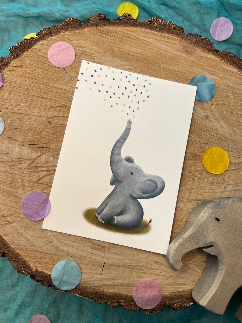 Postkarte Elefantenkonfettiregen | Geschenk Kinder Erwachsene Babys Geburtstag Glückwünsche Party Junge Mädchen Tiere Fest Elefant