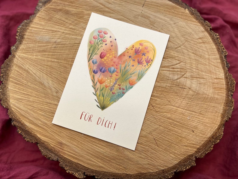 Postkarte „Für dich“ | Herz aus Wildblumen, Illustration. Aquarell, Geschenk, Grußkarte, Glückwünsche, Geburtstag, Freundschaft, Blumenherz