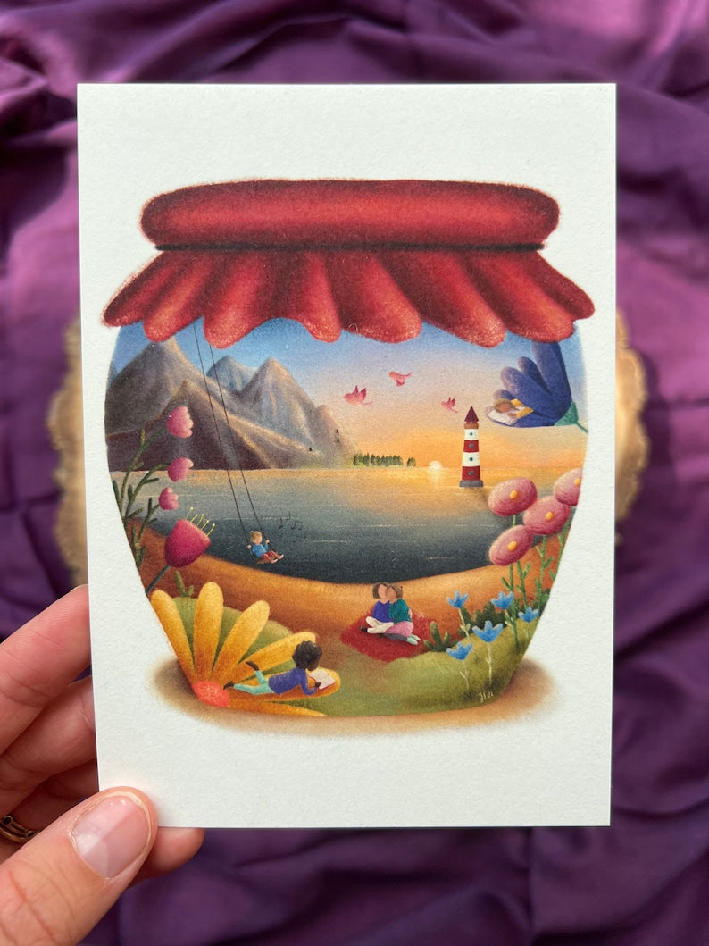 Postkarte „Marmeladenglasmomente“ | dein persönlicher Ruheort. Eine Glücksinsel. Ermutigung, Natur, Meer, Freundschaft, Achtsamkeit, Liebe.