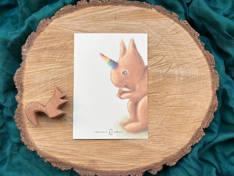 Postkarte "Einhörnchen" | eine Postkarte für Kinder, Erwachsene und alle, die Eichhörnchen lieben. Natur, Wald, Fantasie, Einhorn, Zauber, Geschenk