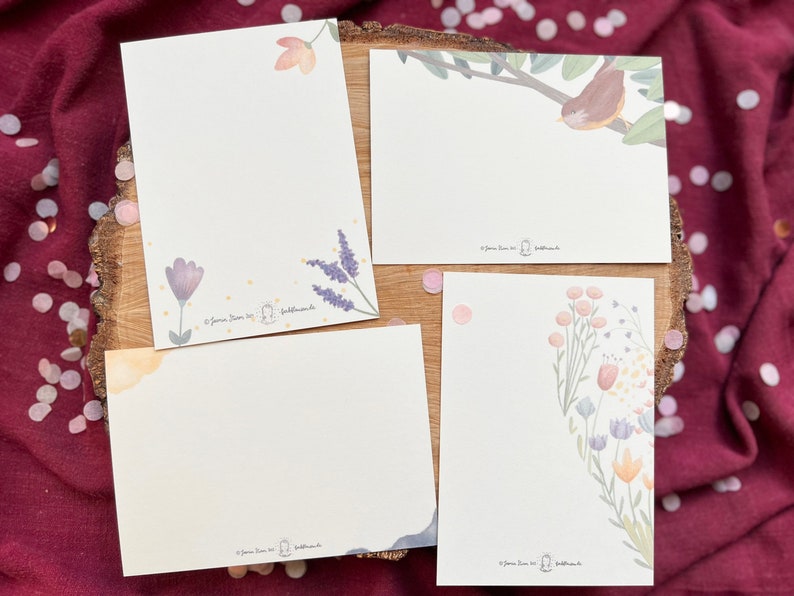 Postkartenset „Gratulation Erwachsene“ | 4 liebevoll illustrierte Motive für Geburtstage oder einfach so. Vögel, Herz, Blumen, schlicht.
