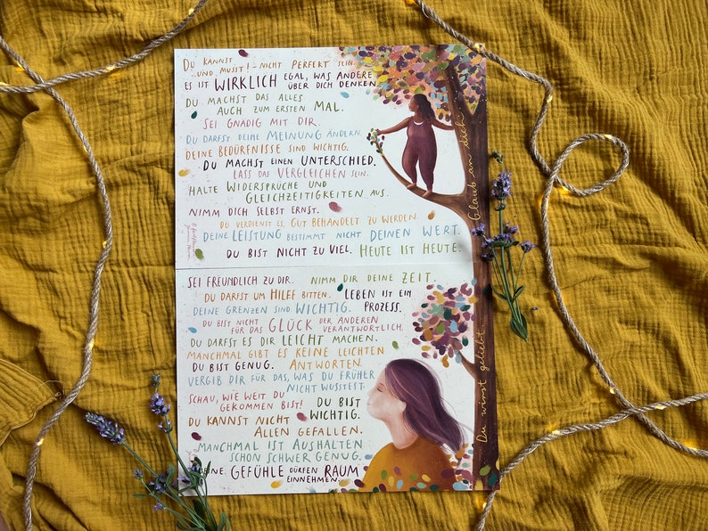 Kunstdrucke "Botschaften für Dich 1+2" | zwei A4-Drucke mit 31 liebevollen Sätzen und einer warmen Illustration. Ein Herzensmotiv!