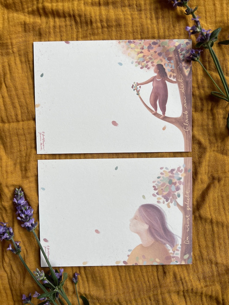 Postkartenset "Botschaften für Dich 1+2" | zwei Postkarten mit 31 liebevollen Sätzen und einer warmen Illustration. Ein Herzensmotiv!