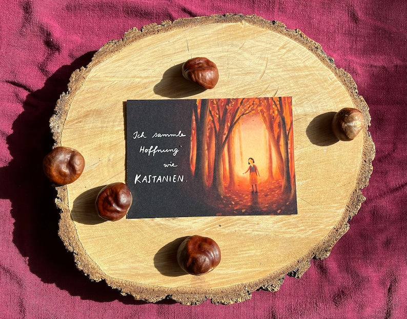 Postkarte "Ich sammle Hoffnung wie Kastanien" | Eine Illustration über den Herbst und die Hoffnung.
