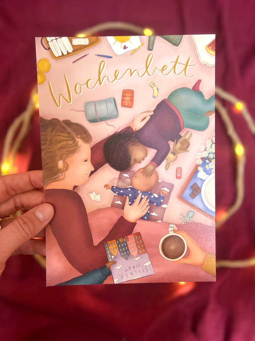 Illustrationsdruck / Maxi-Postkarte „Wochenbett mit Geschwisterkind(ern)“  | Für alle, die neuen Familien etwas Gutes tun möchten.