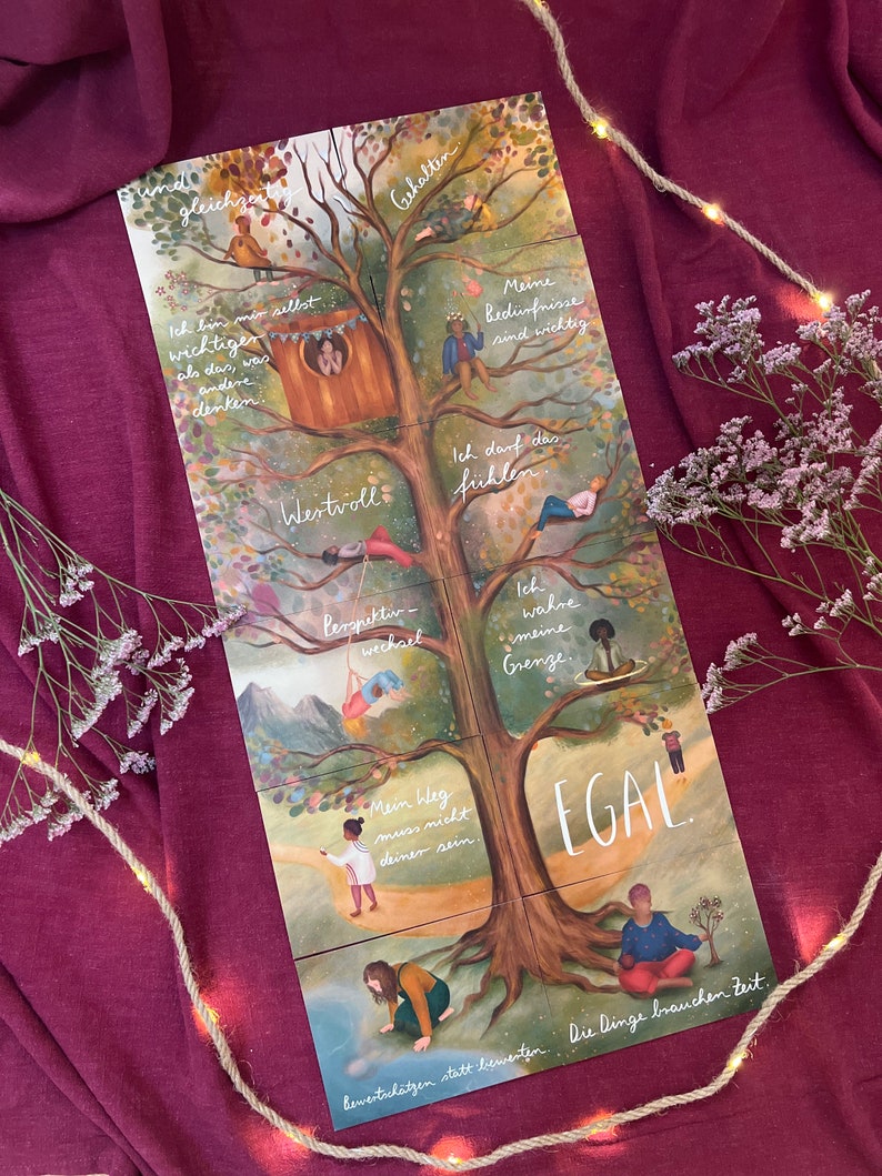 Postkarte „Wertvoll.“ | Baumbotschaften 5: Ein liebevoll illustriertes Affirmationsmotiv über Wert ohne Leistung.