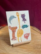 Minitiere by Miniflause| Eine Postkarte mit 6 kunterbunten freundlichen Tieren