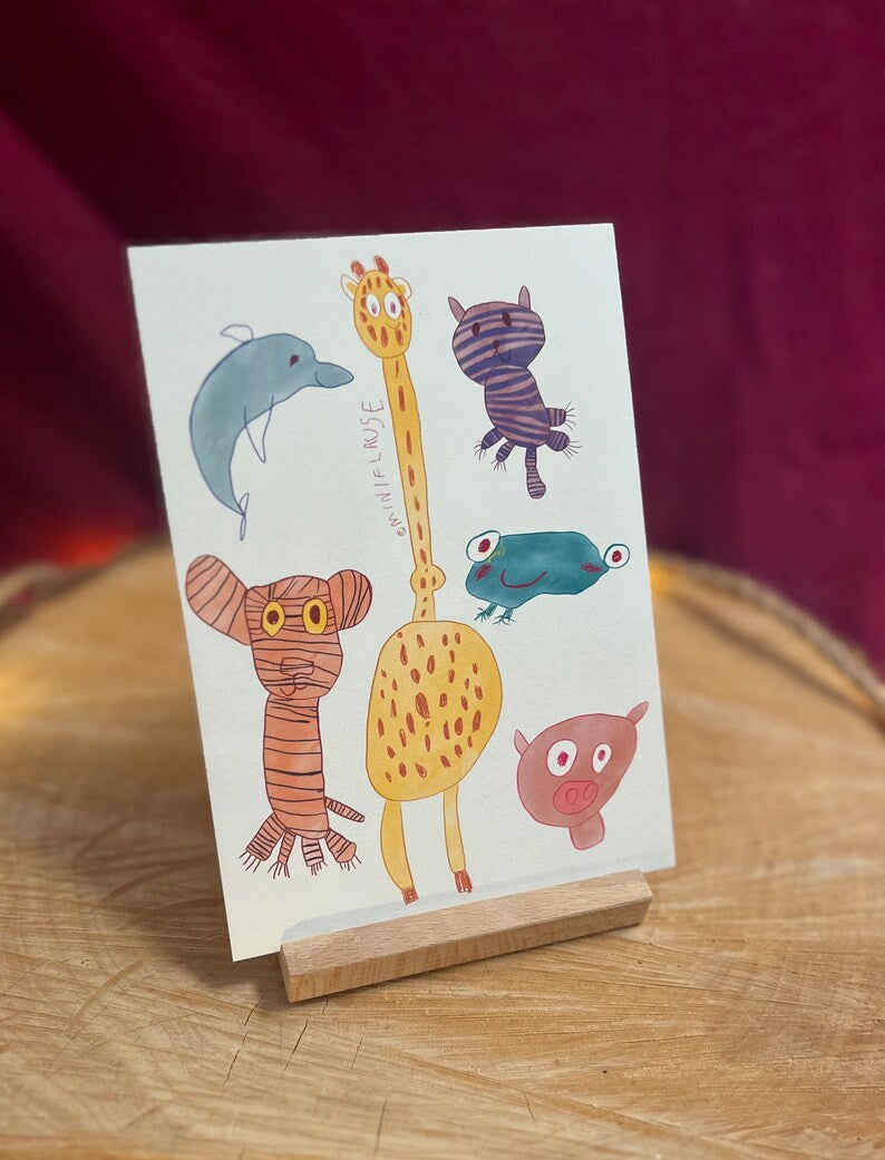 Minitiere by Miniflause| Eine Postkarte mit 6 kunterbunten freundlichen Tieren