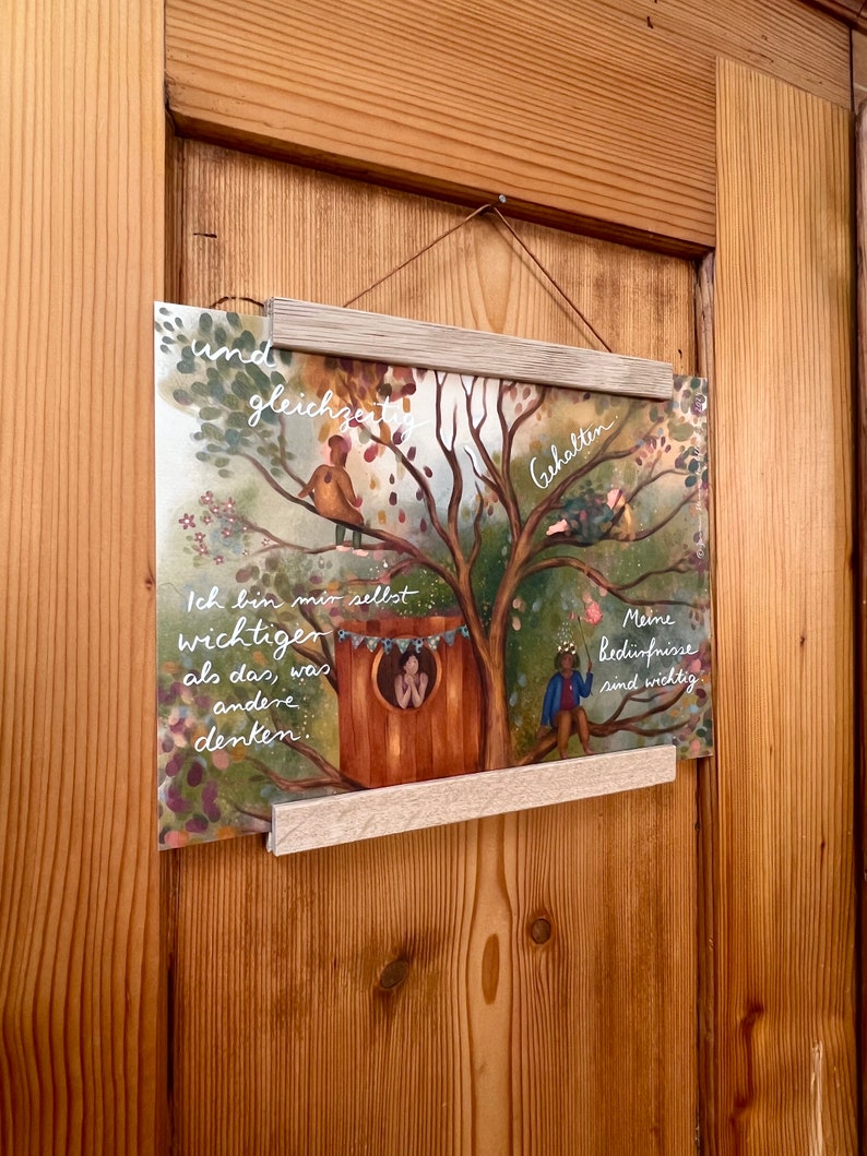 Kunstdruck "Baumbotschaften 1" | Ein liebevoll illustriertes Affirmationsmotiv mit warmen Farben, vielen Details und stärkenden Gedanken.