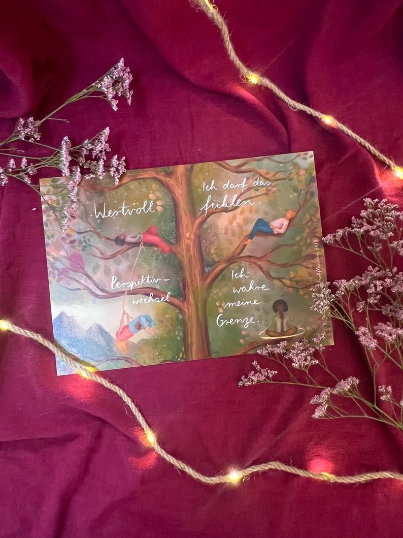 Kunstdruck "Baumbotschaften 2" | Ein liebevoll illustriertes Affirmationsmotiv mit warmen Farben, vielen Details und stärkenden Gedanken.