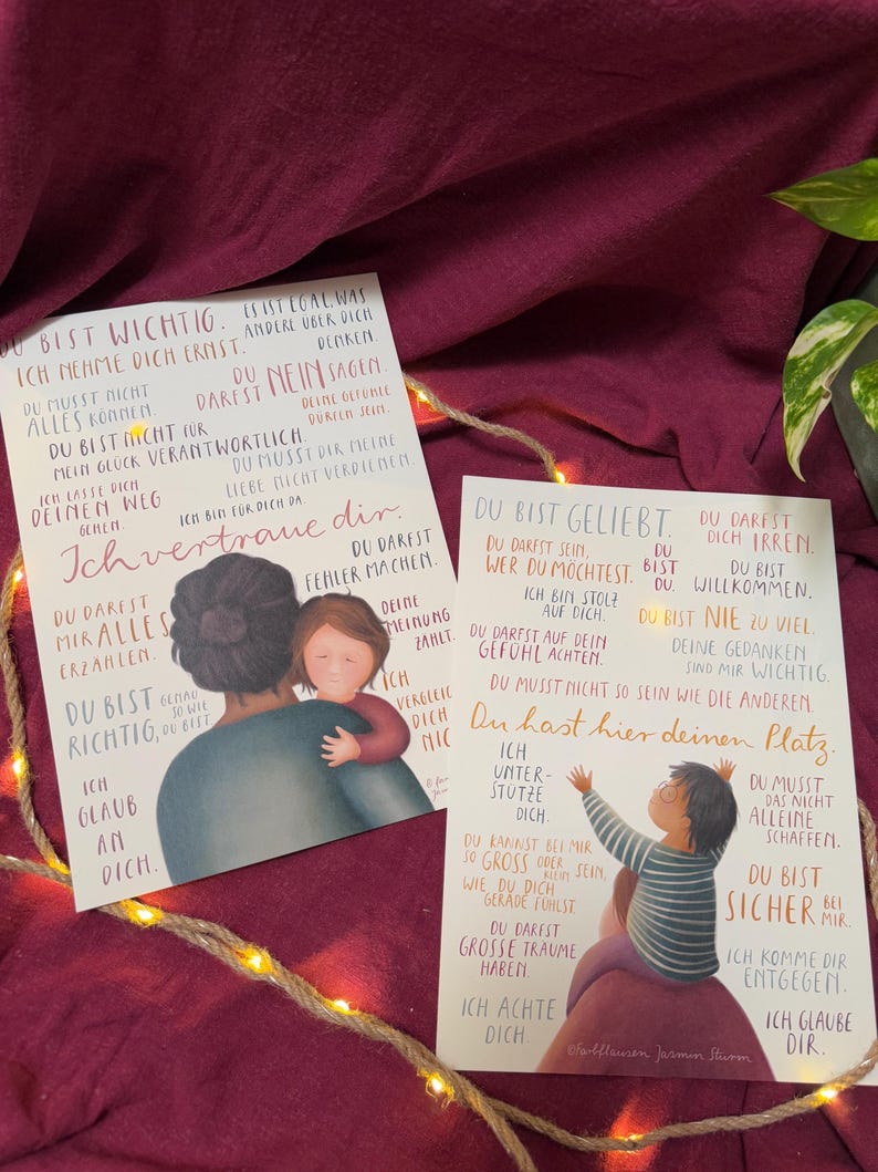 Kunstdrucke „Botschaften für Kinder 1+2“ | Zwei Kunstdrucke mit 36 liebevollen Sätzen und warmen Illustrationen.