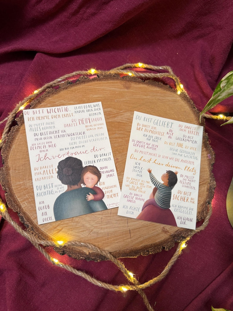 Postkartenset „Botschaften für Kinder 1+2“ |Zwei Postkarten mit 36 liebevollen Sätzen und warmen Illustrationen.