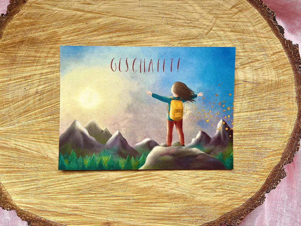 Postkarte "Geschafft!" | Mut, Motivation, Anstrengung, Weg, Erfolg, Prüfung, Vorsatz, Alpen, Hoffnung