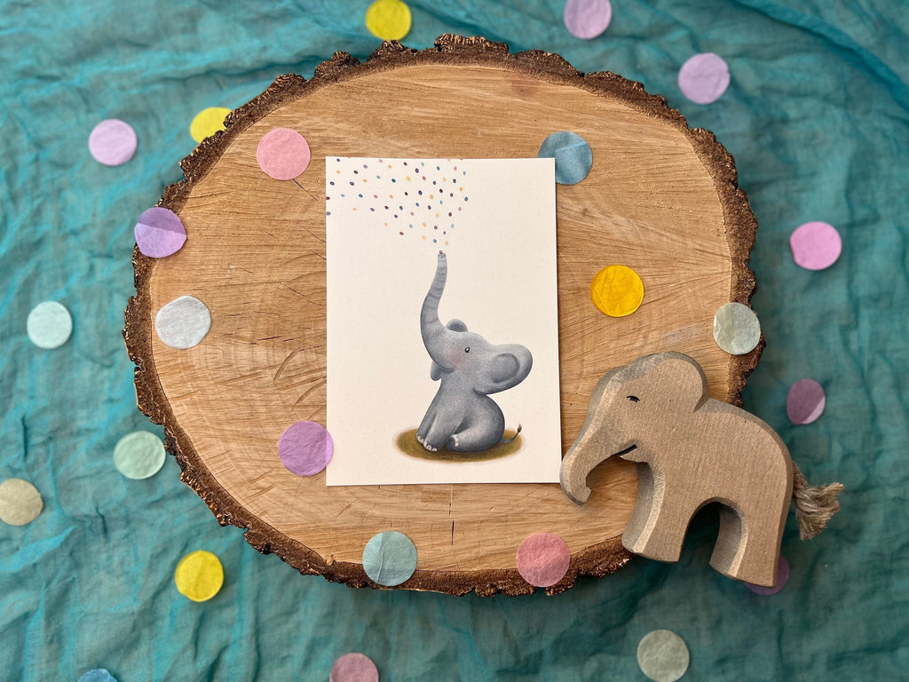 Postkarte Elefantenkonfettiregen | Geschenk Kinder Erwachsene Babys Geburtstag Glückwünsche Party Junge Mädchen Tiere Fest Elefant