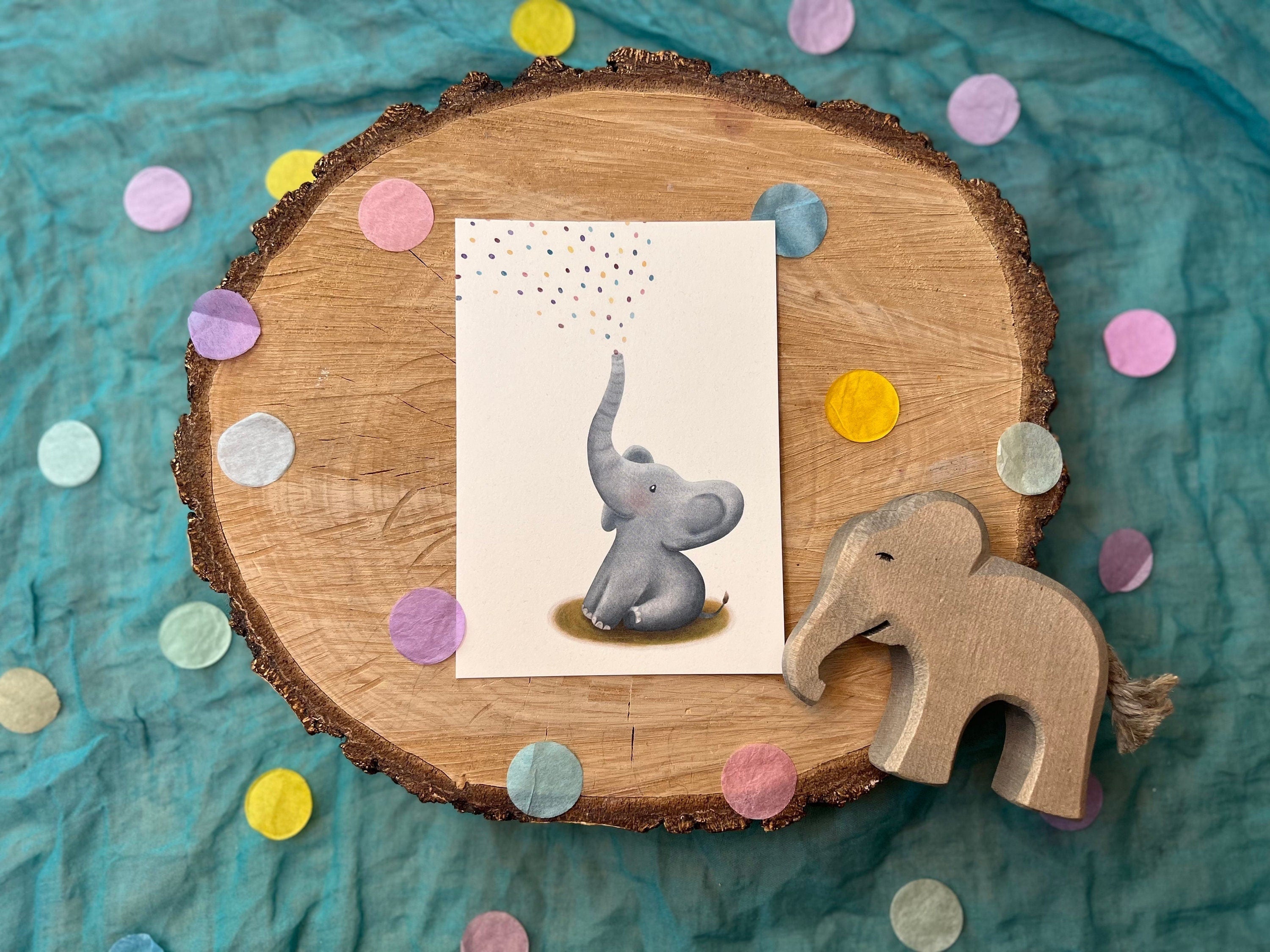 Postkarte Elefantenkonfettiregen | Geschenk Kinder Erwachsene Babys Geburtstag Glückwünsche Party Junge Mädchen Tiere Fest Elefant
