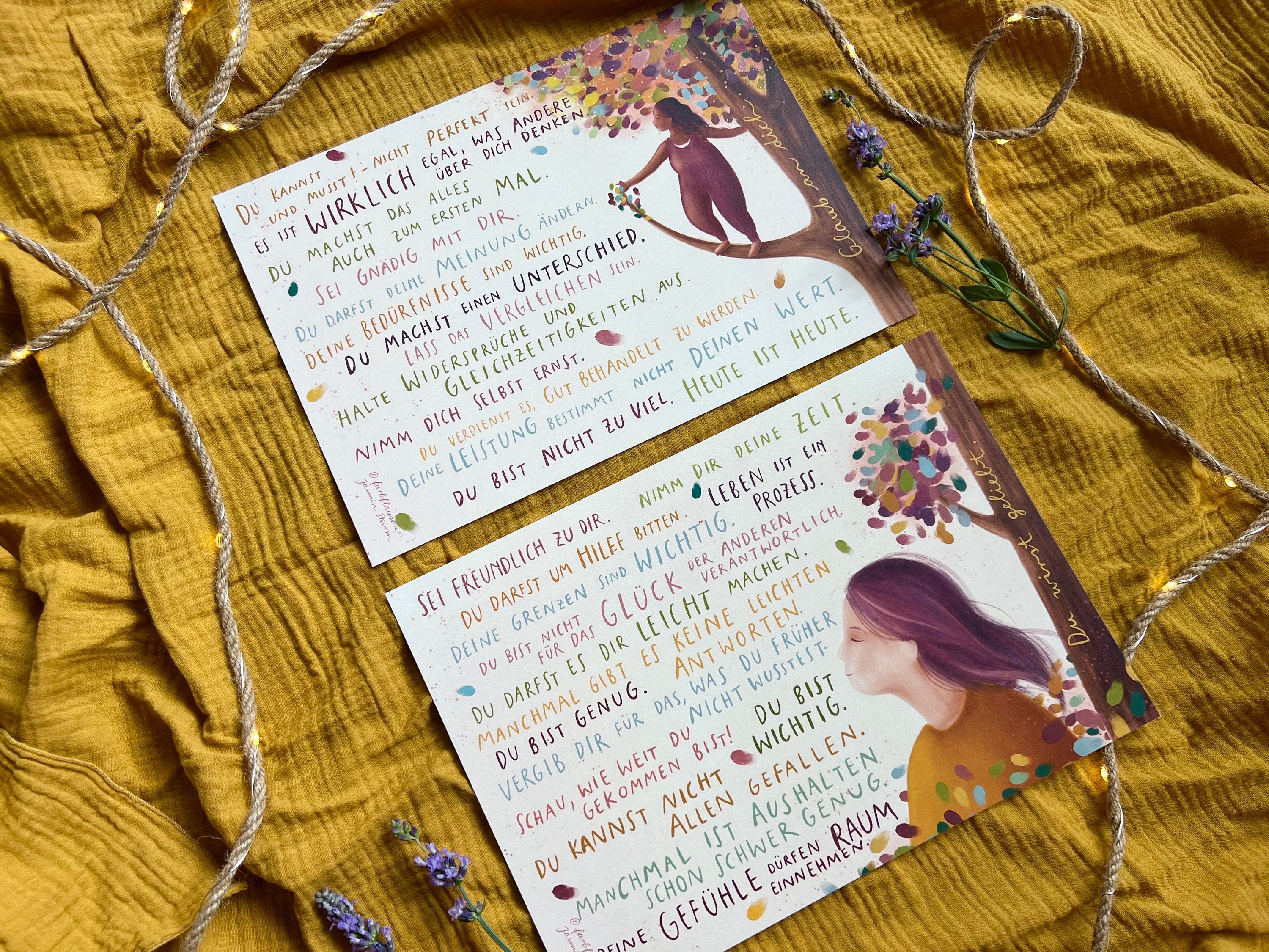 Kunstdrucke "Botschaften für Dich 1+2" | zwei A4-Drucke mit 31 liebevollen Sätzen und einer warmen Illustration. Ein Herzensmotiv!