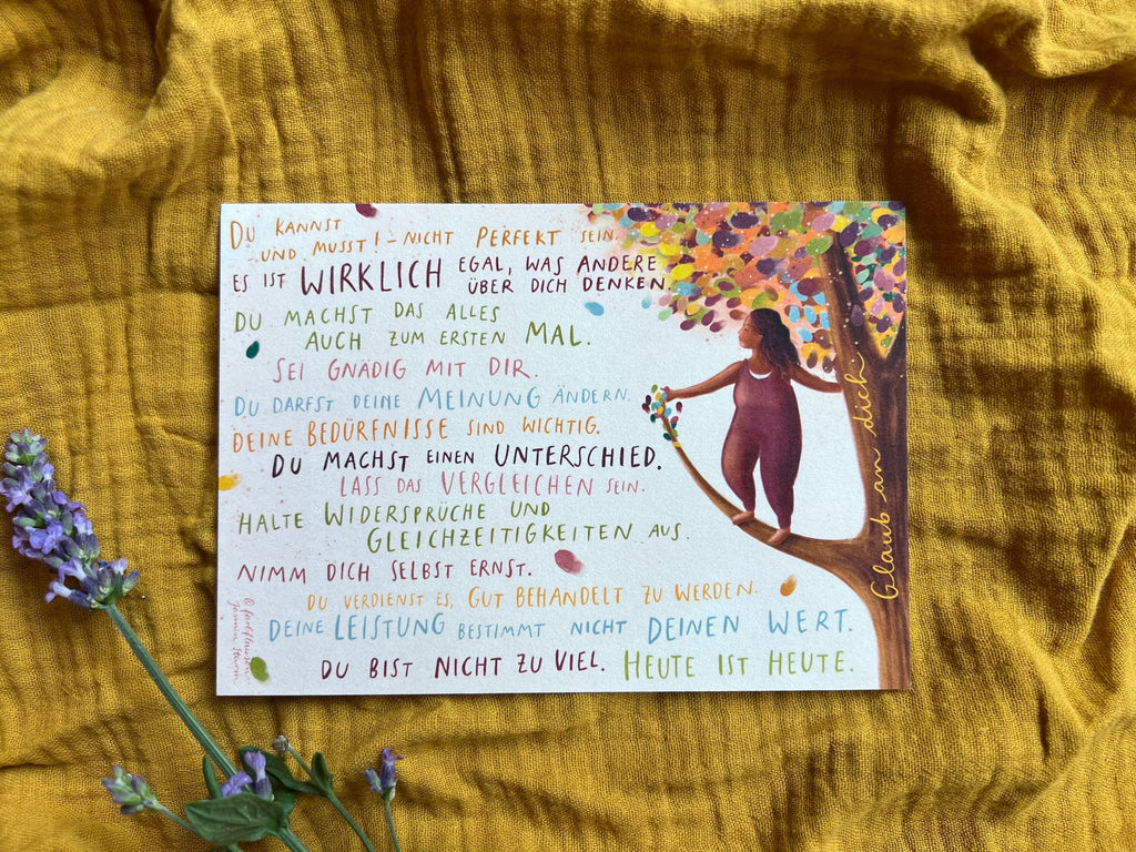 Postkarte "Botschaften für Dich 1" | eine Postkarte mit 15 liebevollen Sätzen und einer warmen Illustration. Ein Herzensmotiv!
