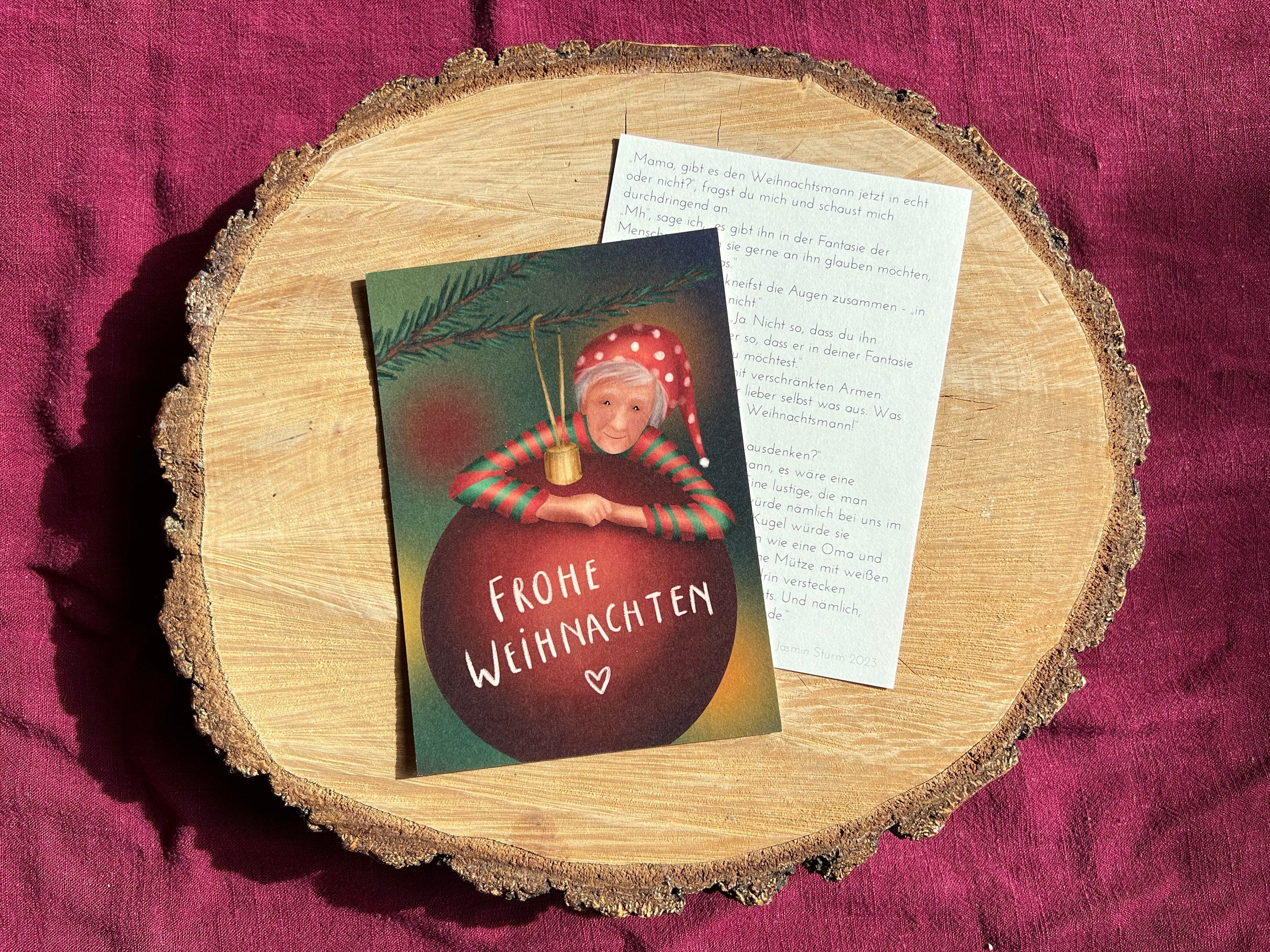 Postkarte "Elfie, die Krümelnde" | Eine besondere Weihnachtskarte mit einer Geschichte über eine lustige Weihnachtsfrau und wo sie wohnt.