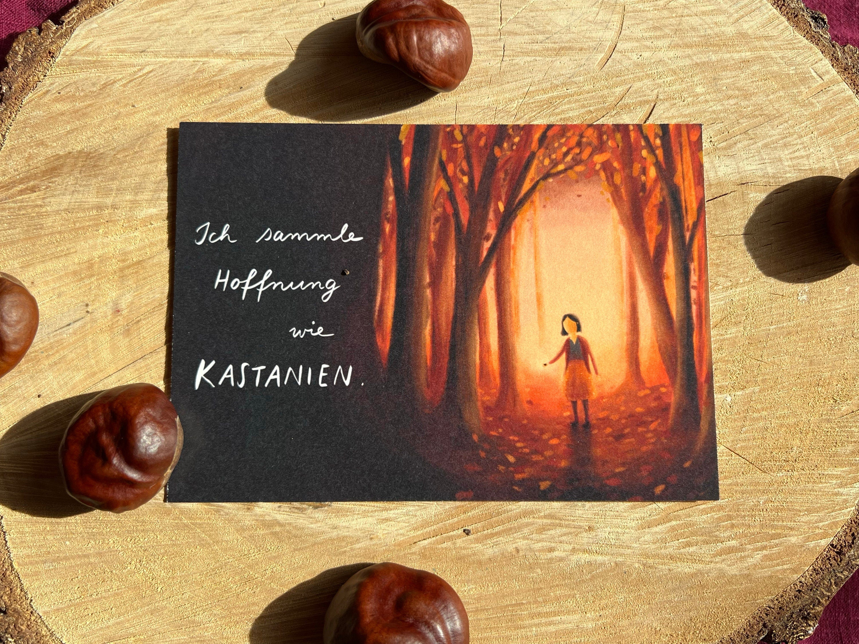 Postkarte "Ich sammle Hoffnung wie Kastanien" | Eine Illustration über den Herbst und die Hoffnung.
