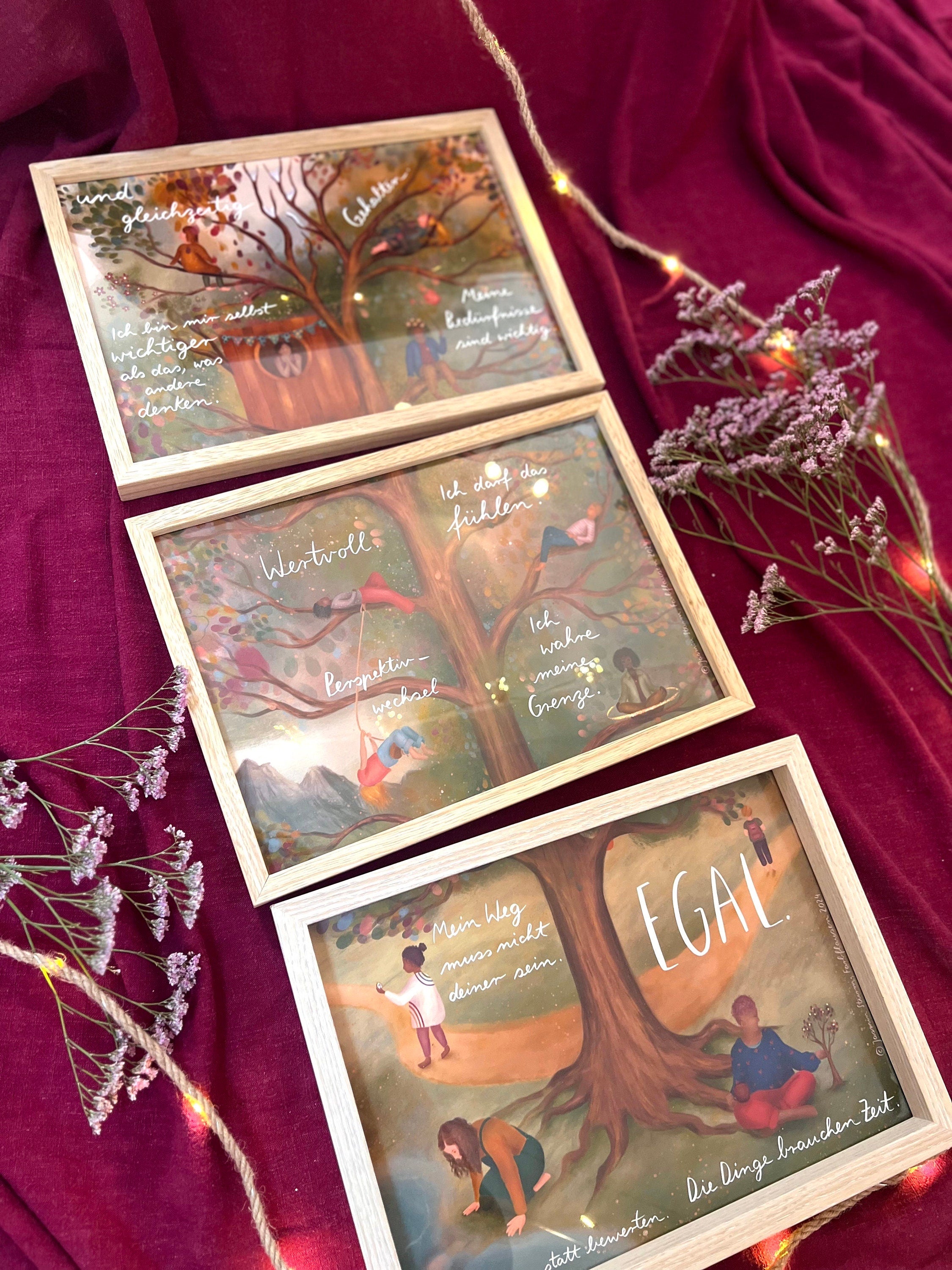 Kunstdrucke  "Baumbotschaften" | Ein liebevolles 3-teiliges Affirmationsmotiv mit warmen Farben, vielen Details und stärkenden Gedanken.