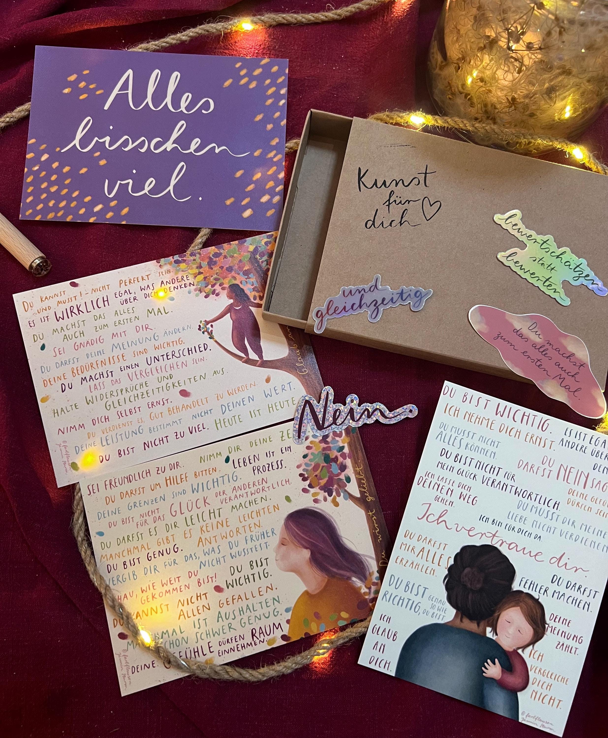 Box „Kunst für dich“ Affirmationen | Eine Schachtel mit 4 Postkarten und 4 Stickern - als Geschenkset oder für dich selbst.