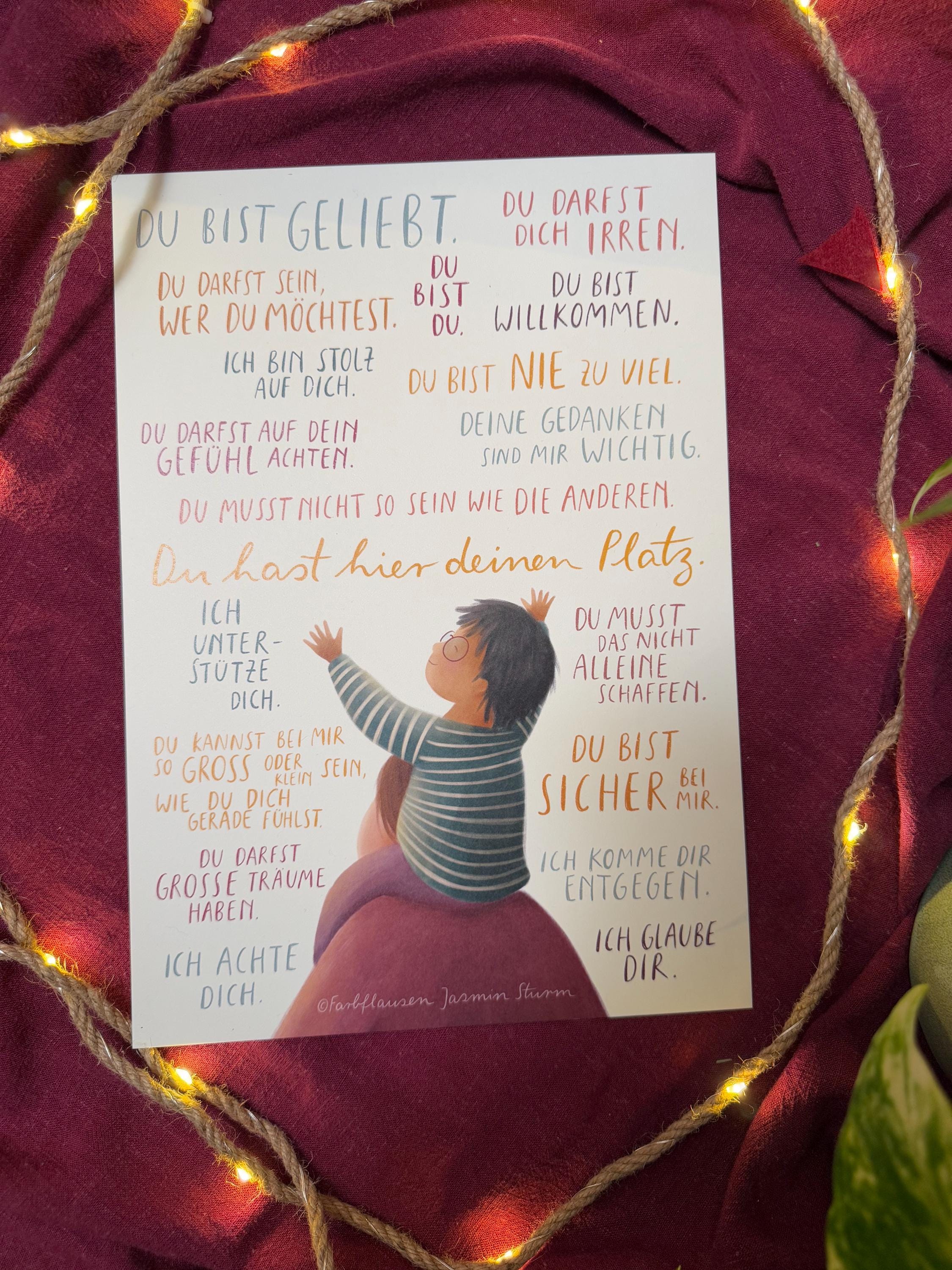 Kunstdruck „Botschaften für Kinder 2“| Ein Motiv mit 19 liebevollen Sätzen und einer warmen Illustration.