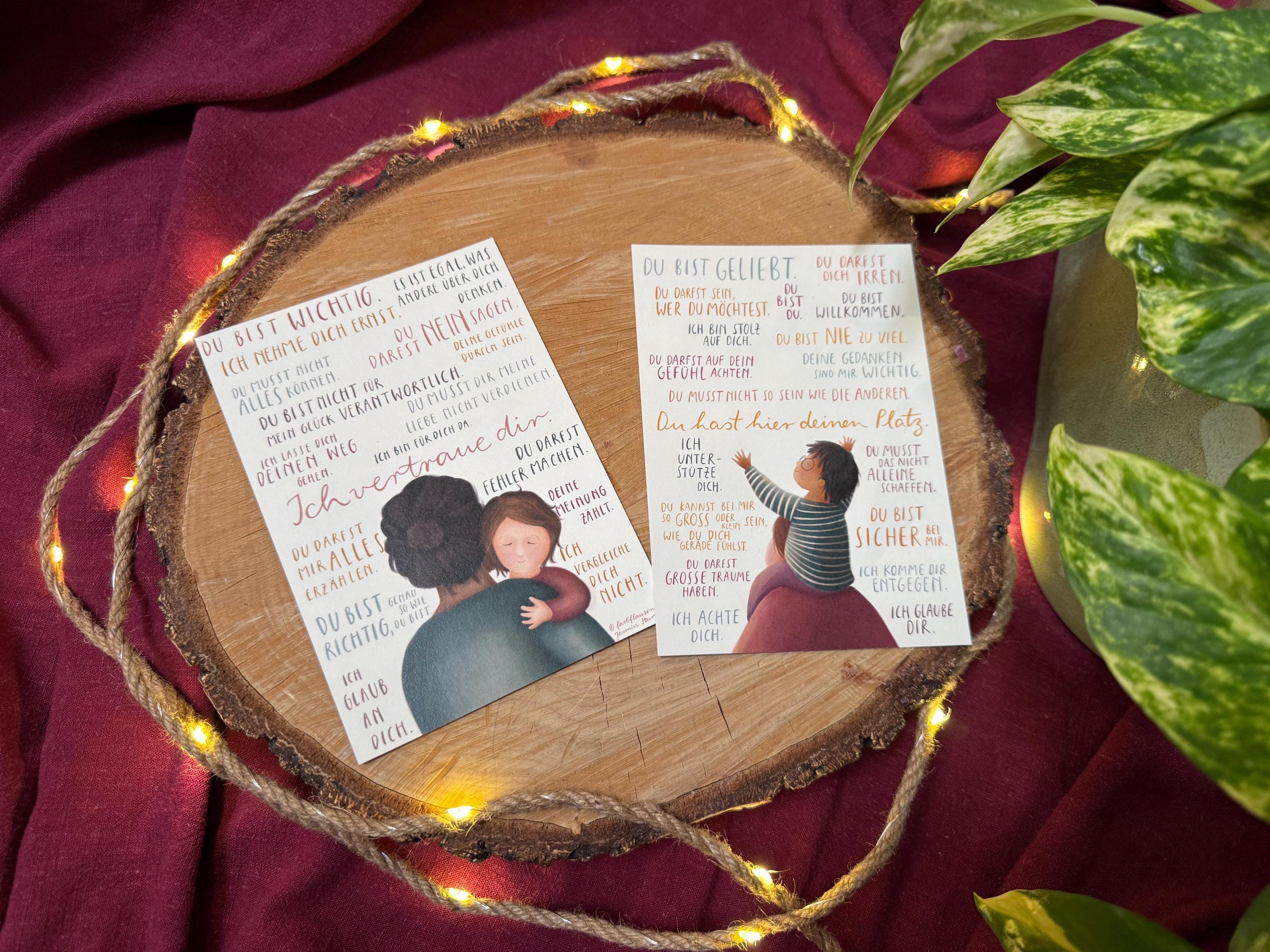 Postkartenset „Botschaften für Kinder 1+2“ |Zwei Postkarten mit 36 liebevollen Sätzen und warmen Illustrationen.